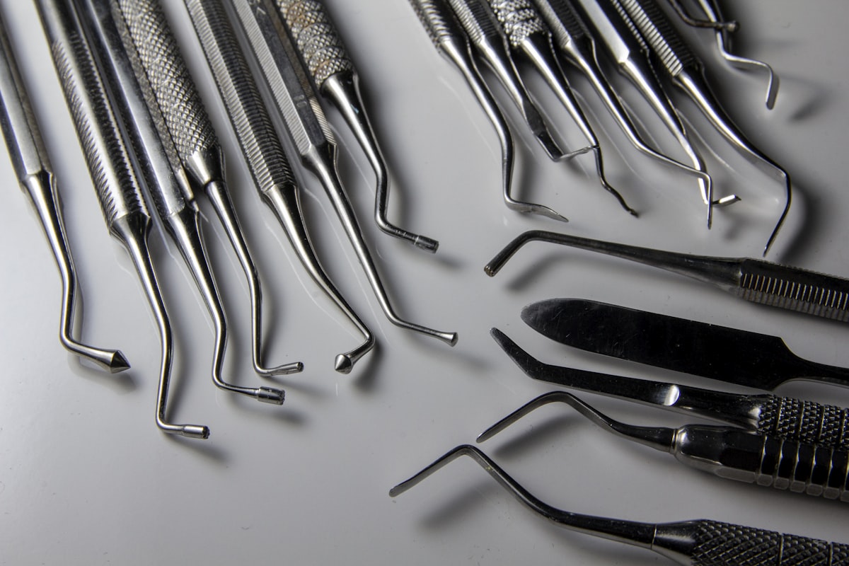 Dental instruments laid out on a table