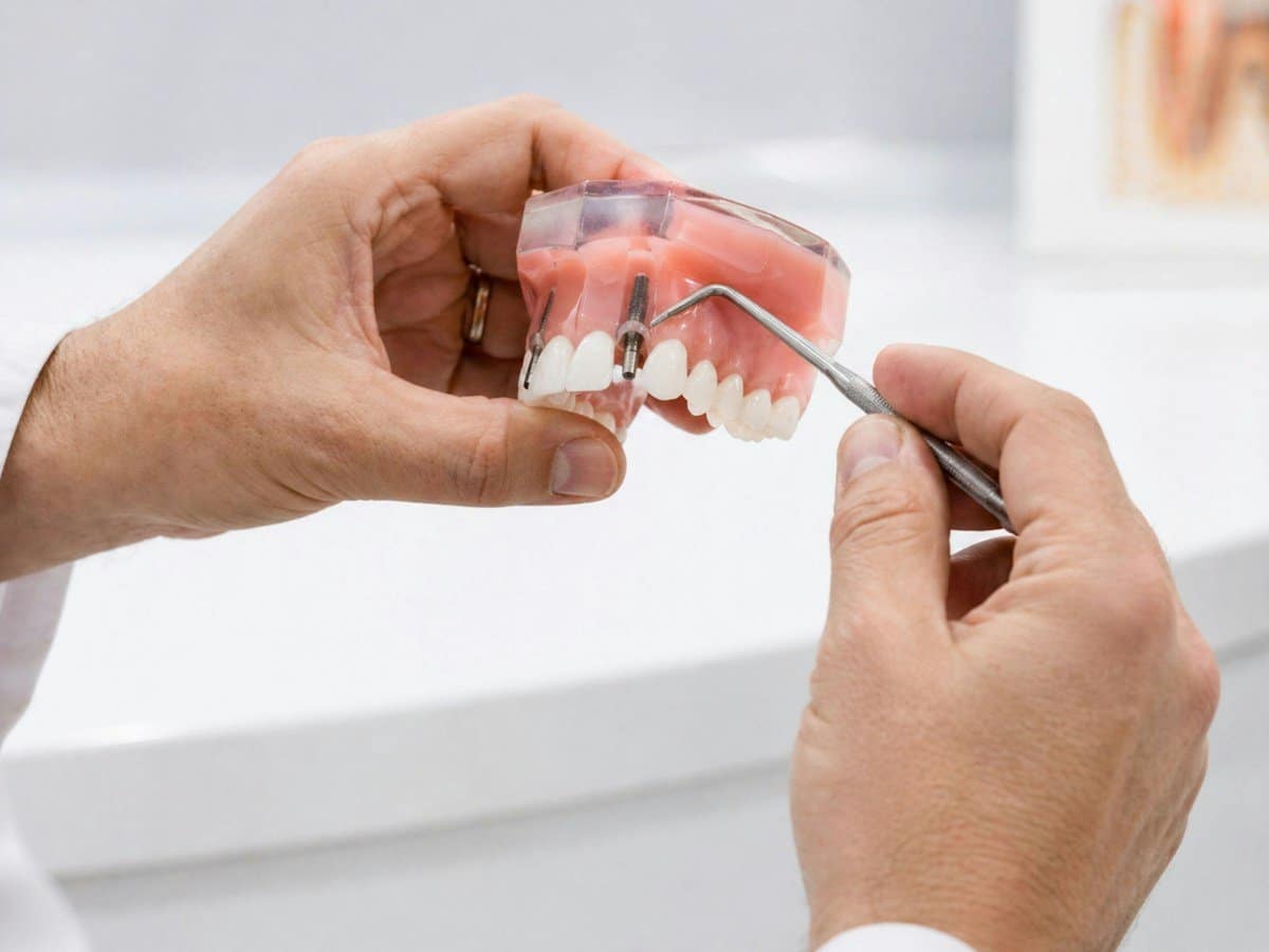 Hands pointing to a dental model during a consultation
