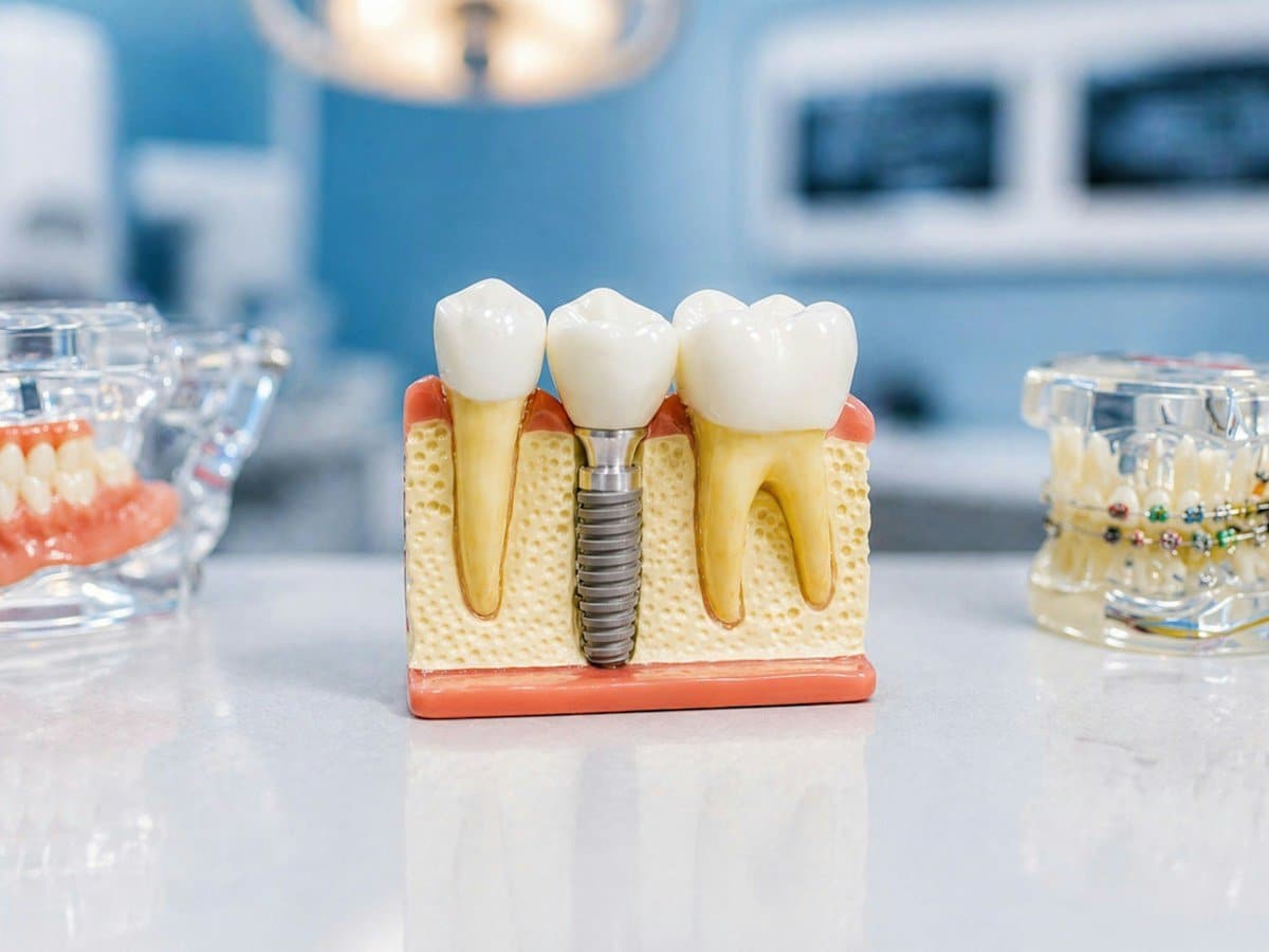 Cutaway model of a dental implant post in jawbone beside natural teeth
